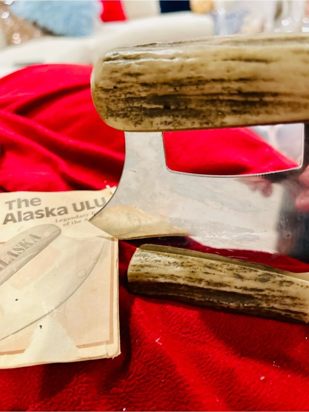 Ulu Alaska Mezzaluna Knife with Antler Handles - Silver Blade